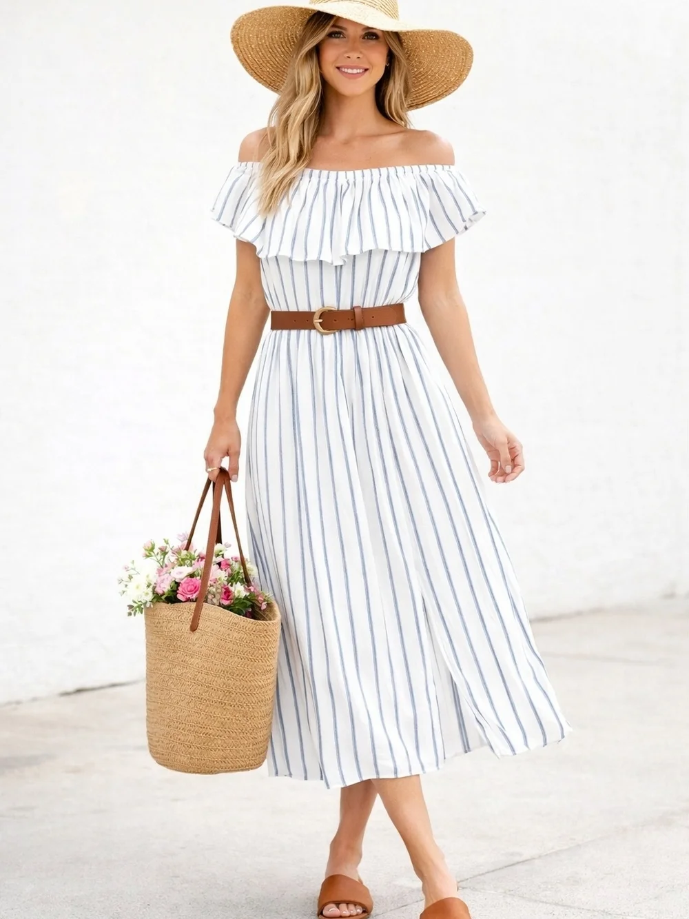 Forever 21 Womens White Blue-Striped Off-Shoulder Summer Maxi Dress